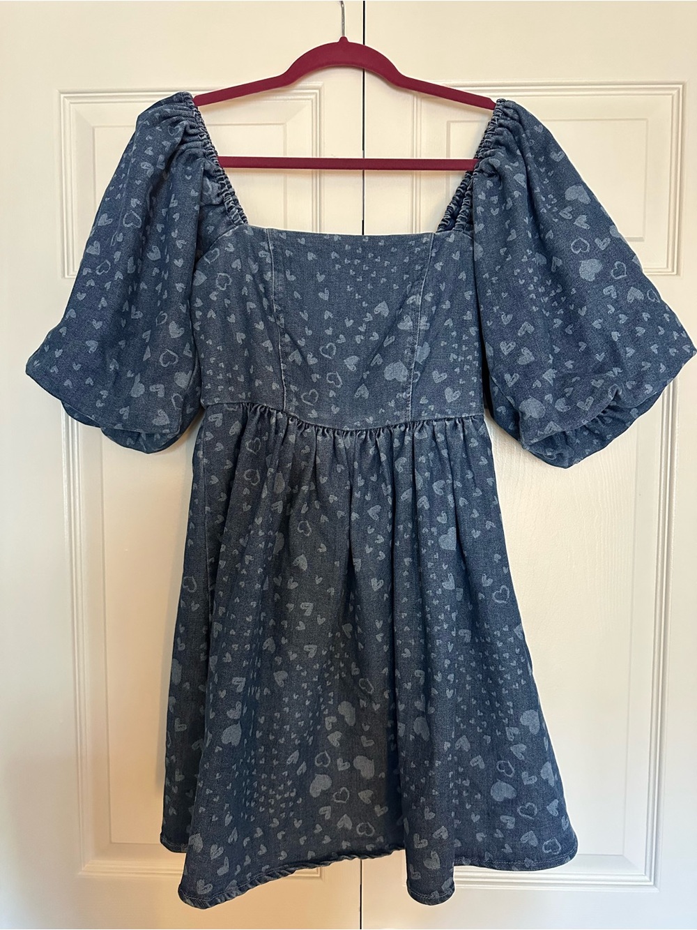 Avec Les Filles Swirling Hearts Denim-Blue Heart Print Puff Sleeve Mini Dress